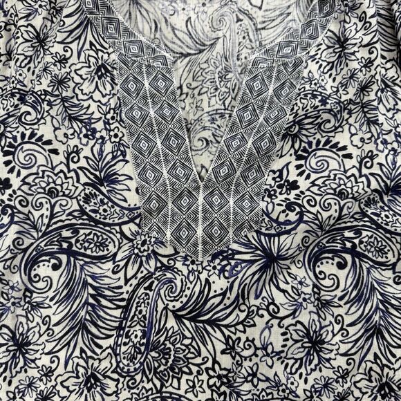 SIGRID OLSEN Blue & White 100% Linen Floral Paisley Boho Tunic Top SIZE L - Picture 3 of 8